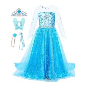 Frozen Elsa Costume Dress & Accessories Sz 140 (8/10) Crown Gloves Wand NEW!